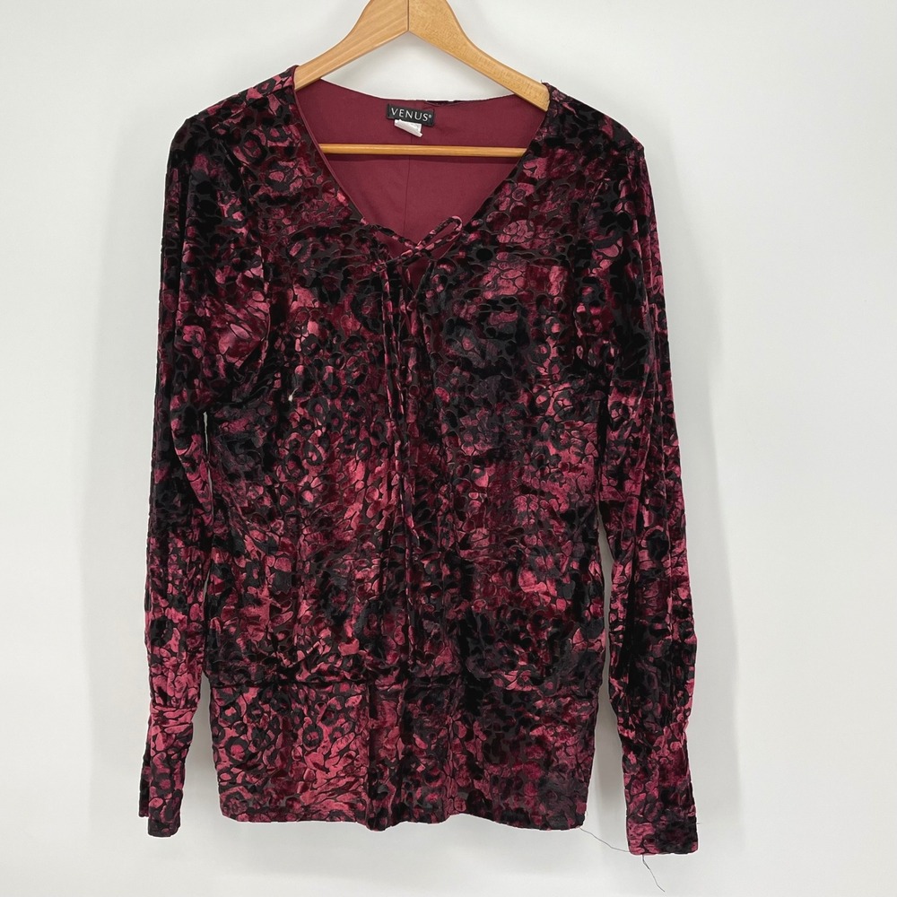 Venus Burn Out Velvet Floral Burgundy Black Lace Up Top Size L Whimsigoth Y2K